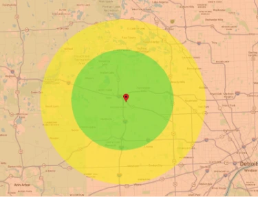 Google map with colored overlay showing pricing bands